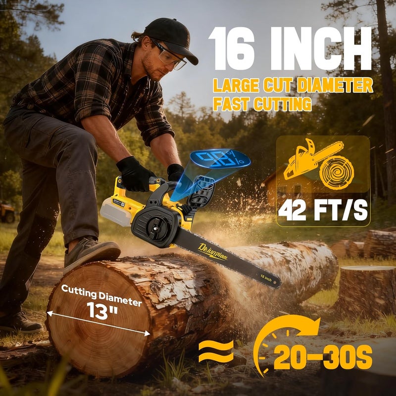 DEJUNPIOOL 16 Inch Electric Chainsaw Cordless Compatible with Dewalt 20V/60V MAX Battery (Tool Only), Brushless Chain Saw with Battery Level Screen, Auto Oiler, 3 Chains, Handheld Pruning Chainsaw Garden Tools - Image 3